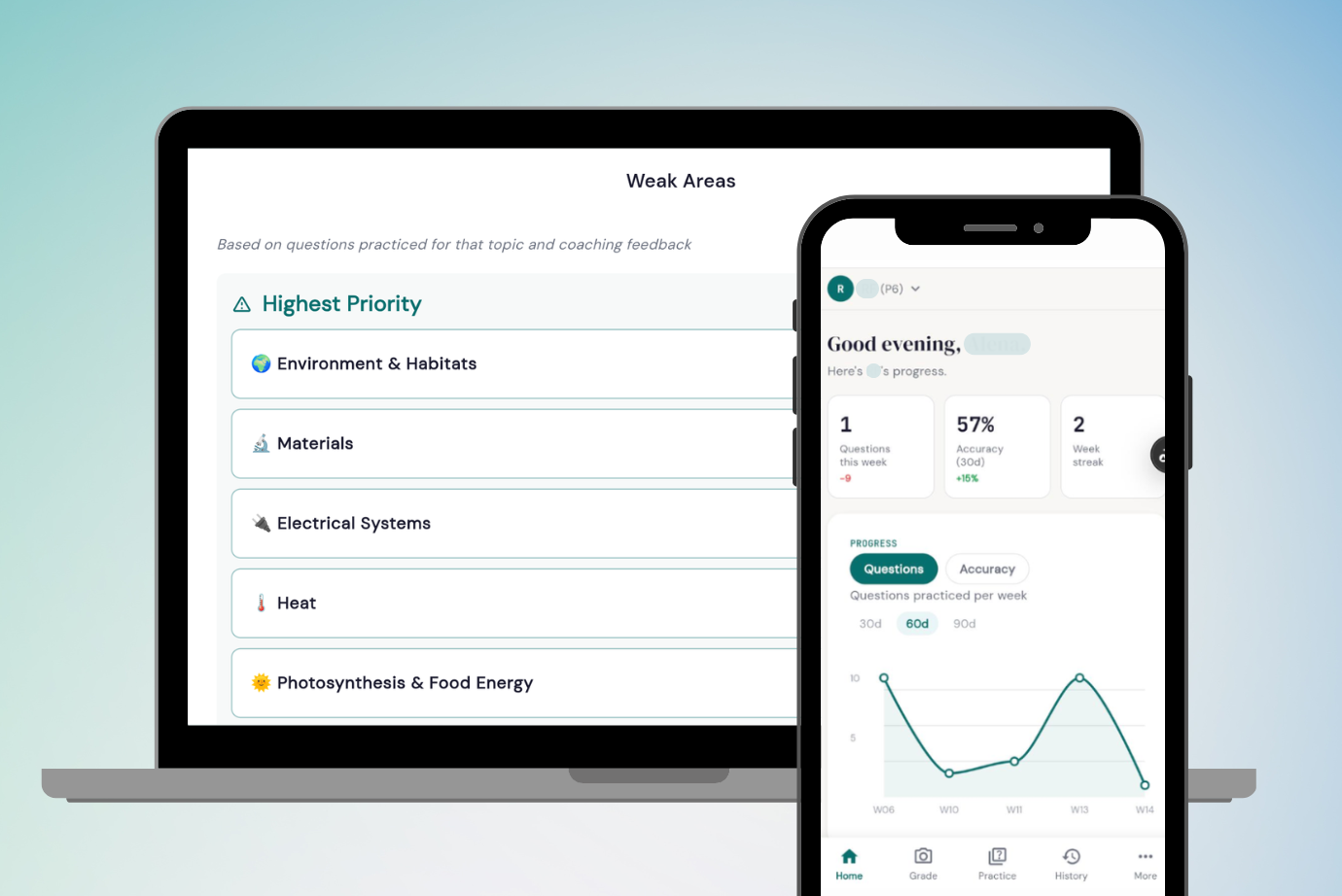 Analytics dashboard and Weak Areas tracking