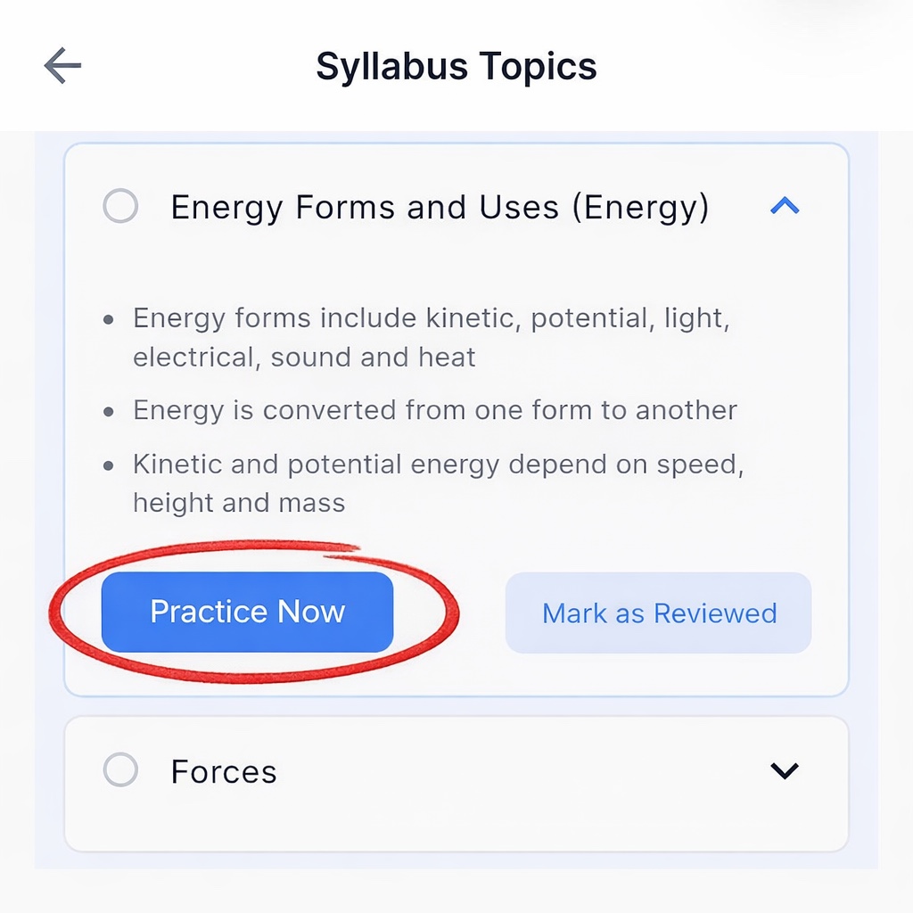 Syllabus topics with Practice Now button for targeted practice