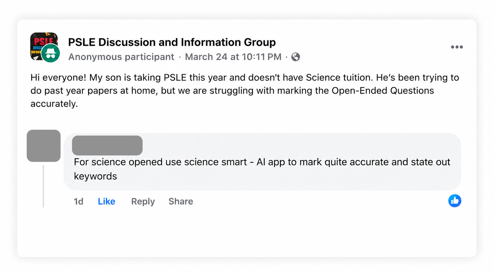 Facebook group recommendation: for science open-ended, use ScienceSmart — marks quite accurately and states out keywords.