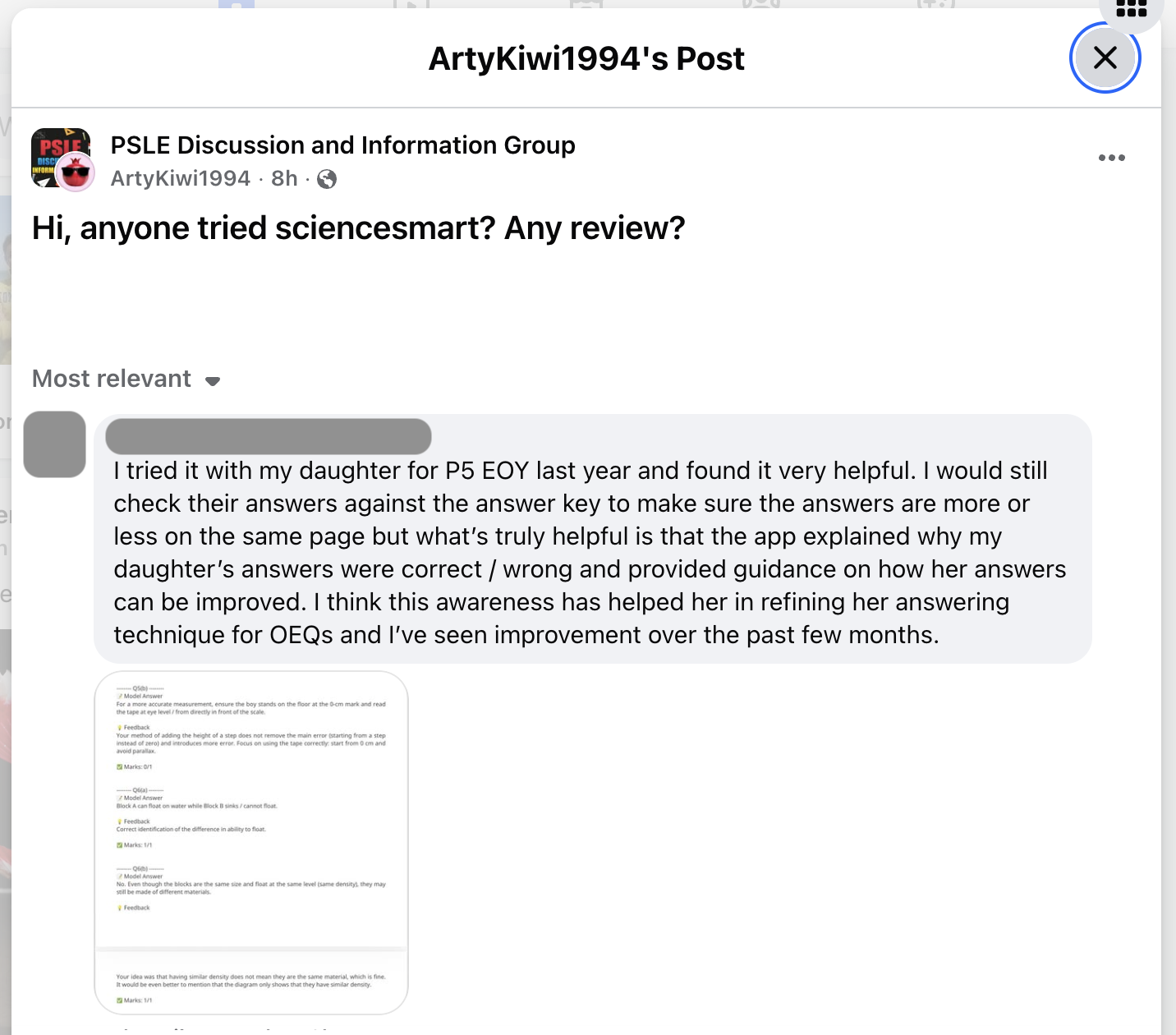 Facebook group review: the app explained why my daughter's answers were correct or wrong.