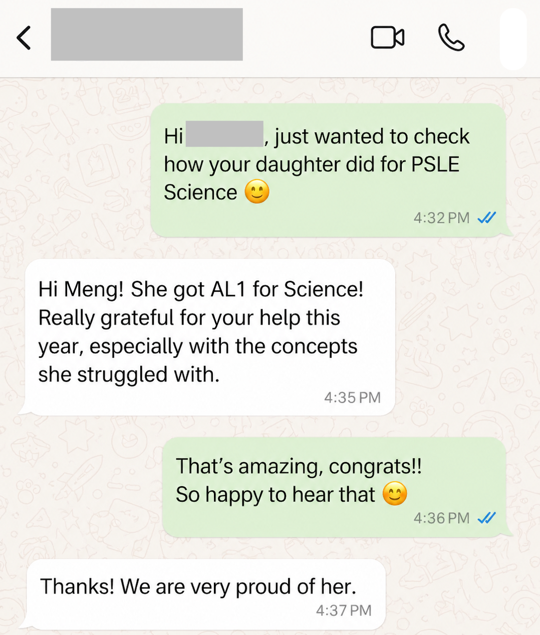 WhatsApp message from a parent: She got AL1 for PSLE Science, grateful for help with concepts she struggled with.